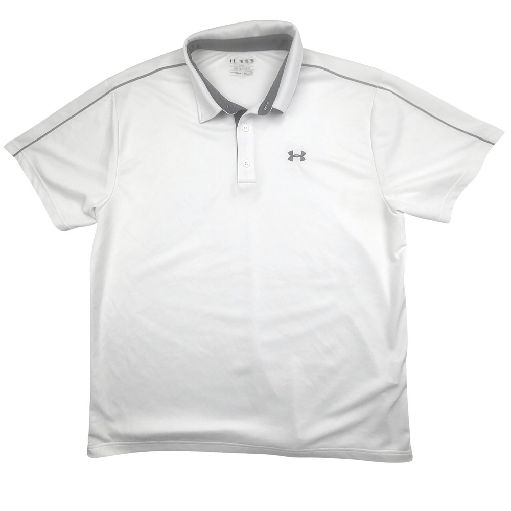 Under Armour Mens White Heatgear Golf Polo Shirt 2XL Loose Fit Short Sleeve‎